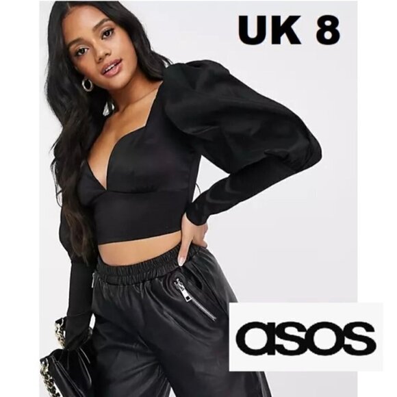 Nwt - Asos Design Naanaa Sweetheart Puff Sleeve Crop Top In Black. Size: 4 (Us) - Picture 2 of 16